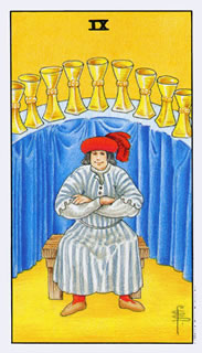 De betekenis van de tarotkaart bekers negen bij het kaartleggen met de tarot.