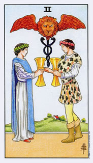 De betekenis van de tarotkaart bekers twee in het kaartleggen met de tarot