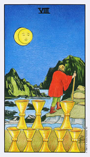 De betekenis van de tarotkaart bekers acht bij het kaartleggen met de Tarot.