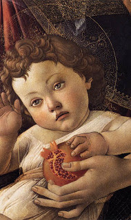 Uitsnede van schilderij van sandro botticelli Christus en Maria met granaatappel
